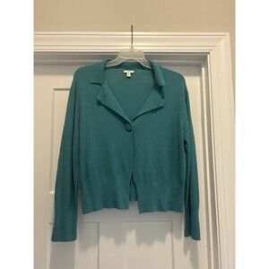 Vintage J Jill Cardigan Sweater Women Medium Petite Green Wool Blend Long Sleeve